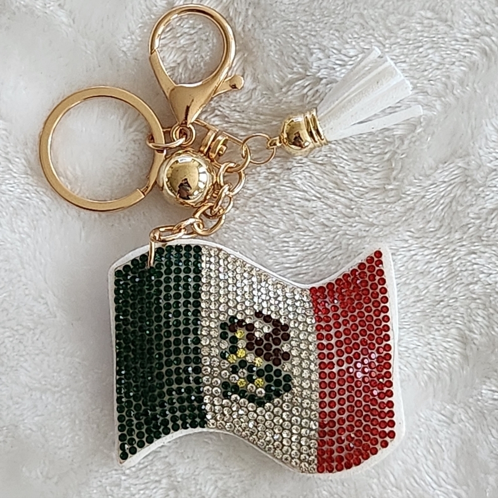 Mexican Flag Keychain with Rhinestones